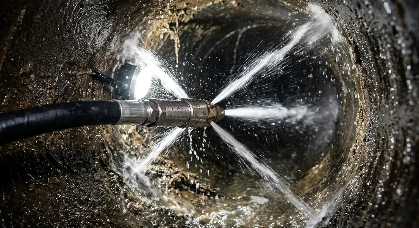 High-pressure hydro jetting nozzle cleaning sewer pipe for Trenchless Sewer Repair in Highland