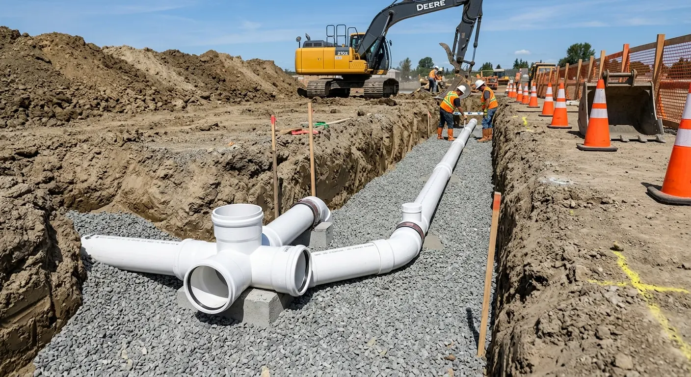 New PVC sewer pipe installation in open trench for Sewer Backup in Highland