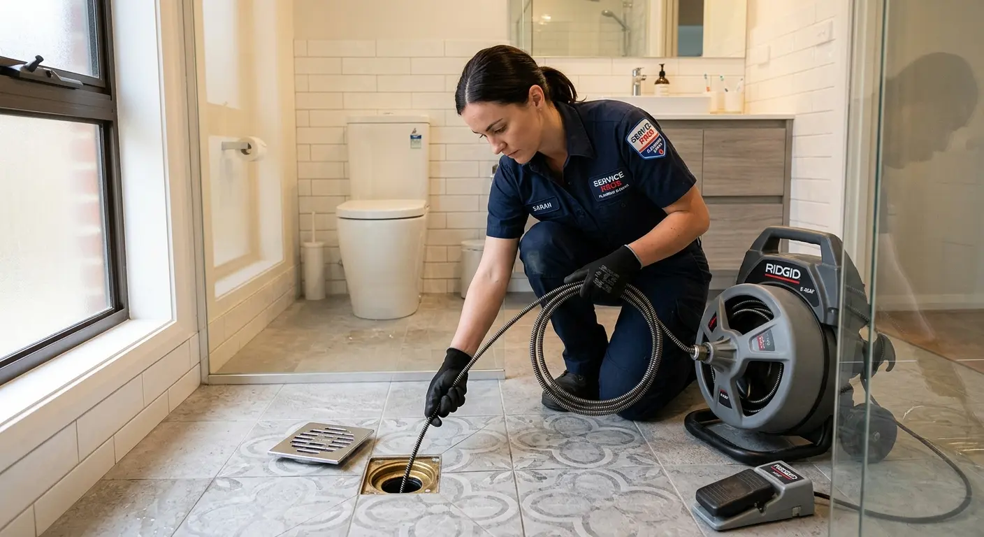 Technician clearing a bathroom floor drain for Drain Repair in Highland